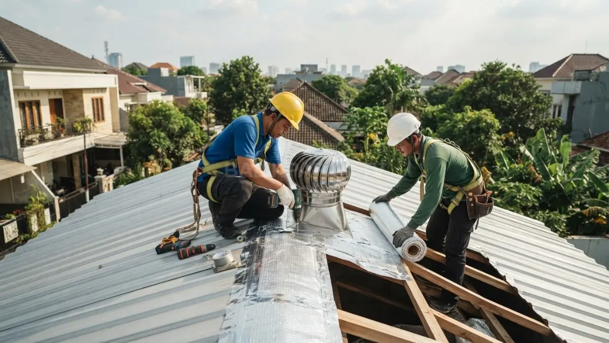 Teknisi memasang ventilasi atap dan aluminium foil bubble untuk membantu membuang udara panas dari ruang plafon.