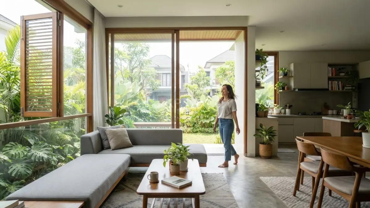Ventilasi silang menjaga sirkulasi udara alami membuat rumah tropis modern terasa sejuk sepanjang hari (BTV/AI)