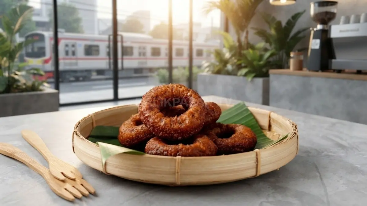 Wadai Cincin khas Kalimantan Timur tersusun rapi di lapak pasar tradisional dengan warna cokelat mengilap. (BTV/AI)