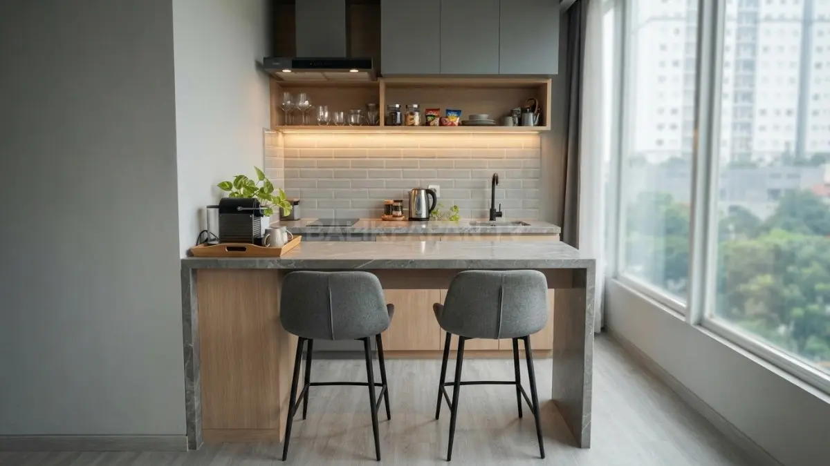 Warna countertop abu-abu terang menghadirkan kesan modern sekaligus menjaga dapur mungil tetap terasa lapang nyaman (BTV/AI)