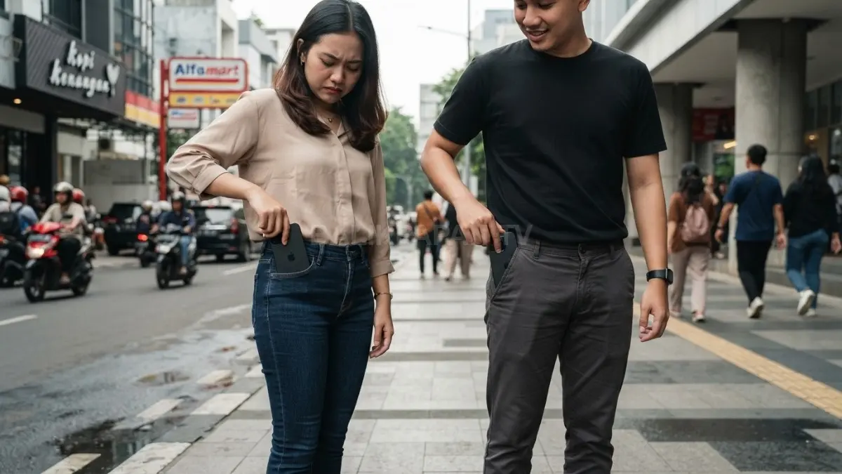 buatkan gambar Perbandingan ukuran kantong celana wanita dan pria dengan ponsel modern sebagai ilustrasi perbedaan fungsi penyimpanan.  (BTV/AI)