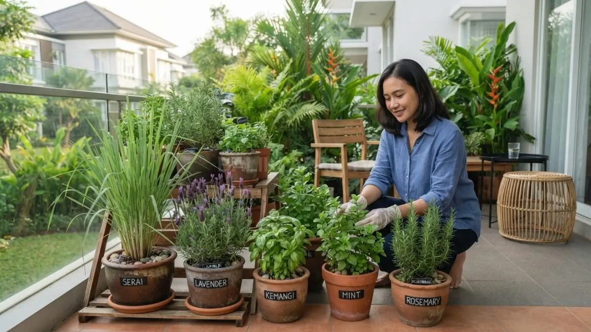 Deretan tanaman serai, lavender, kemangi, mint, dan rosemary di teras rumah tropis untuk membantu mengurangi nyamuk. (BTV/AI)