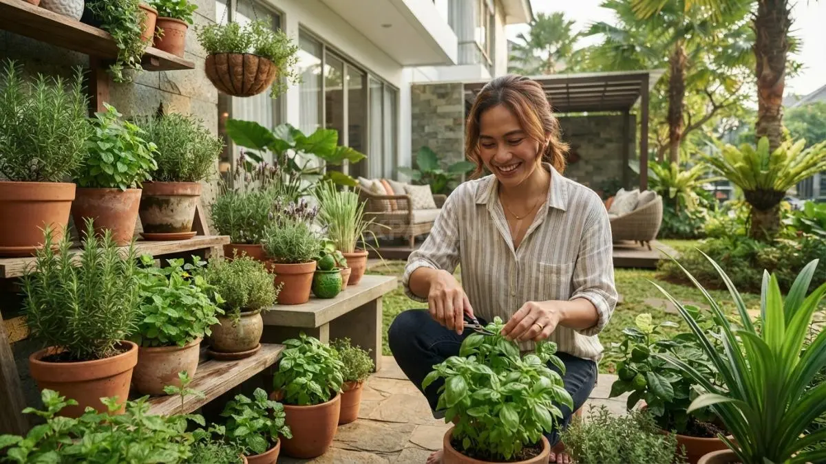 Halaman rumah dengan kombinasi tanaman aromatik yang sekaligus mempercantik area teras. (BTV/AI)