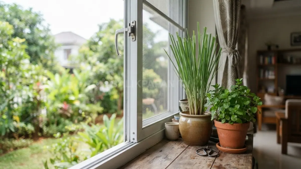 Pot serai dan mint ditempatkan di dekat jendela rumah sebagai penghalang alami bagi nyamuk. (BTV/AI)