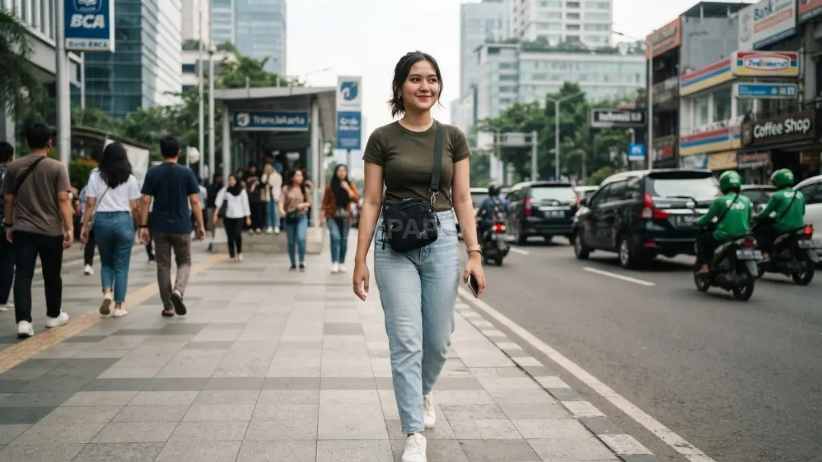 Wanita menggunakan tas selempang kecil karena keterbatasan ruang penyimpanan pada celana sehari-hari. (BTV/AI)