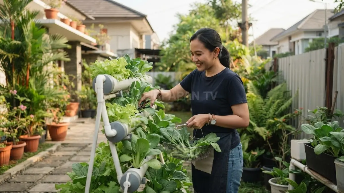 Aktivitas memanen sayuran daun dari rak vertikal sederhana di halaman rumah. (BTV/AI)