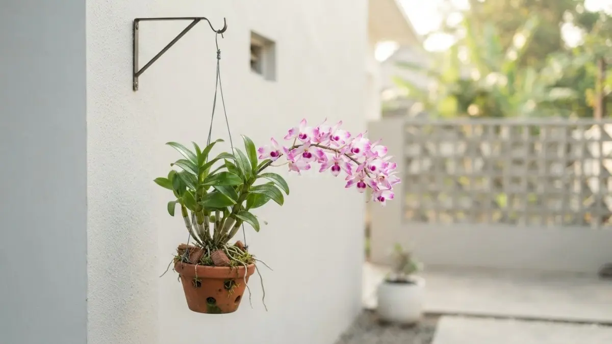 Anggrek gantung menghiasi balkon rumah perkotaan, memanfaatkan ruang vertikal dengan sirkulasi udara optimal alami. (BTV/AI)