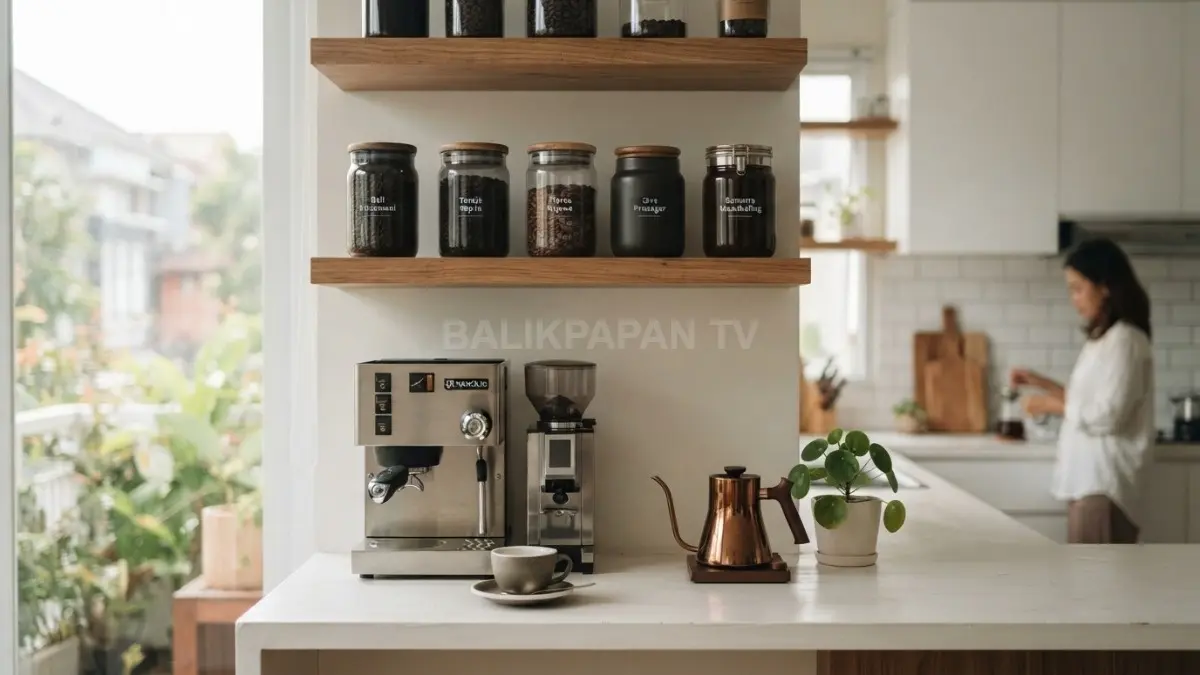 Area kopi yang terorganisasi membantu menjaga kerapian dapur sekaligus meningkatkan kenyamanan saat menyeduh minuman bersama. (BTV/AI)