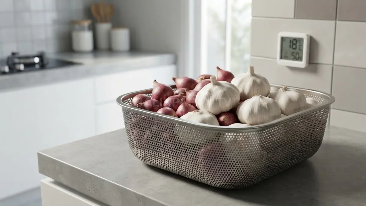 Bawang merah dan bawang putih disimpan dalam keranjang berventilasi di tempat kering agar tidak cepat bertunas. (BTV/AI)