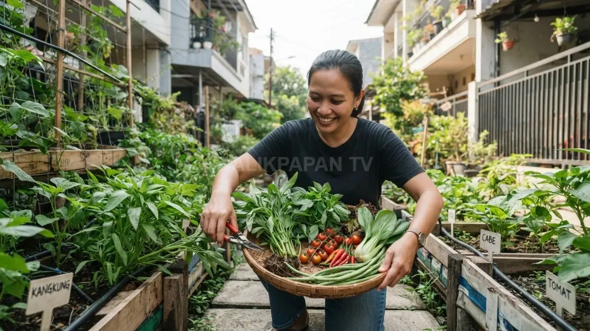 Beragam sayuran hasil urban farming dipanen dari pekarangan sempit yang produktif dan hijau. (BTV/AI)