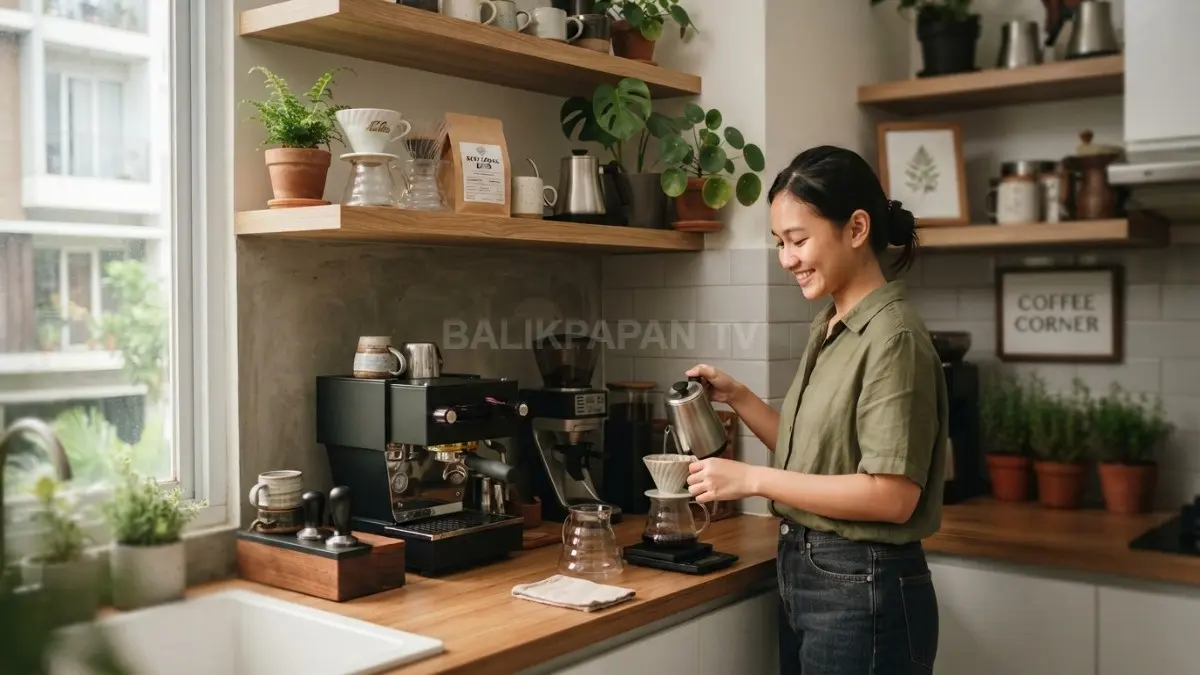 buatkan gambar Coffee corner sederhana di sudut dapur menggunakan rak terbuka, tanaman hias, dan dekorasi bernuansa natural. (BTV/AI)