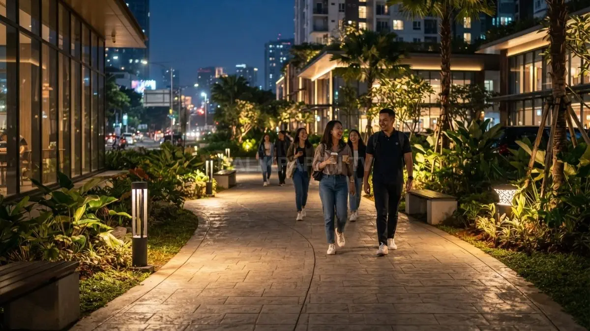 buatkan gambar Jalan setapak bergaya modern dengan beton cetak dan lampu taman yang menciptakan suasana nyaman saat malam hari. (BTV/AI)