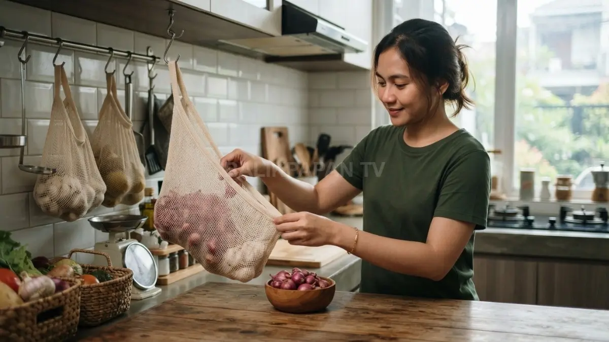Contoh cara menyimpan bawang menggunakan kantong jaring dengan sirkulasi udara yang baik. (BTV/AI)