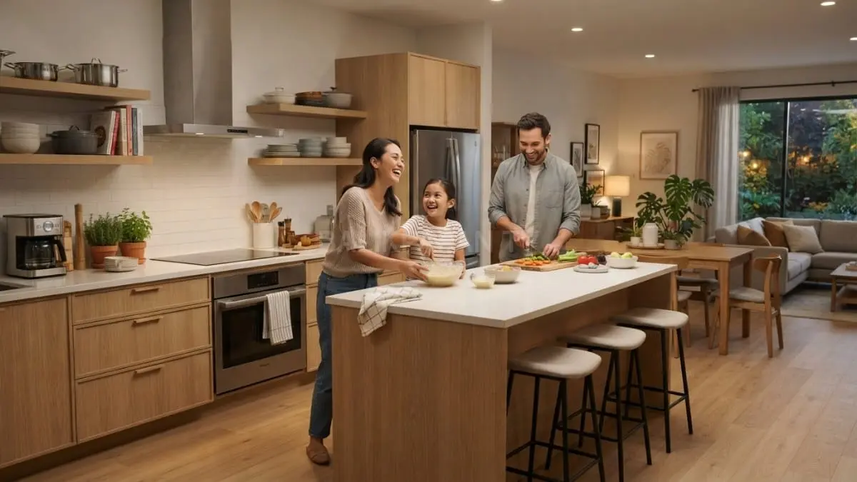 Dapur minimalis modern menjadi ruang berkumpul keluarga dengan suasana nyaman, rapi, dan fungsional setiap hari. [BTV:AI]