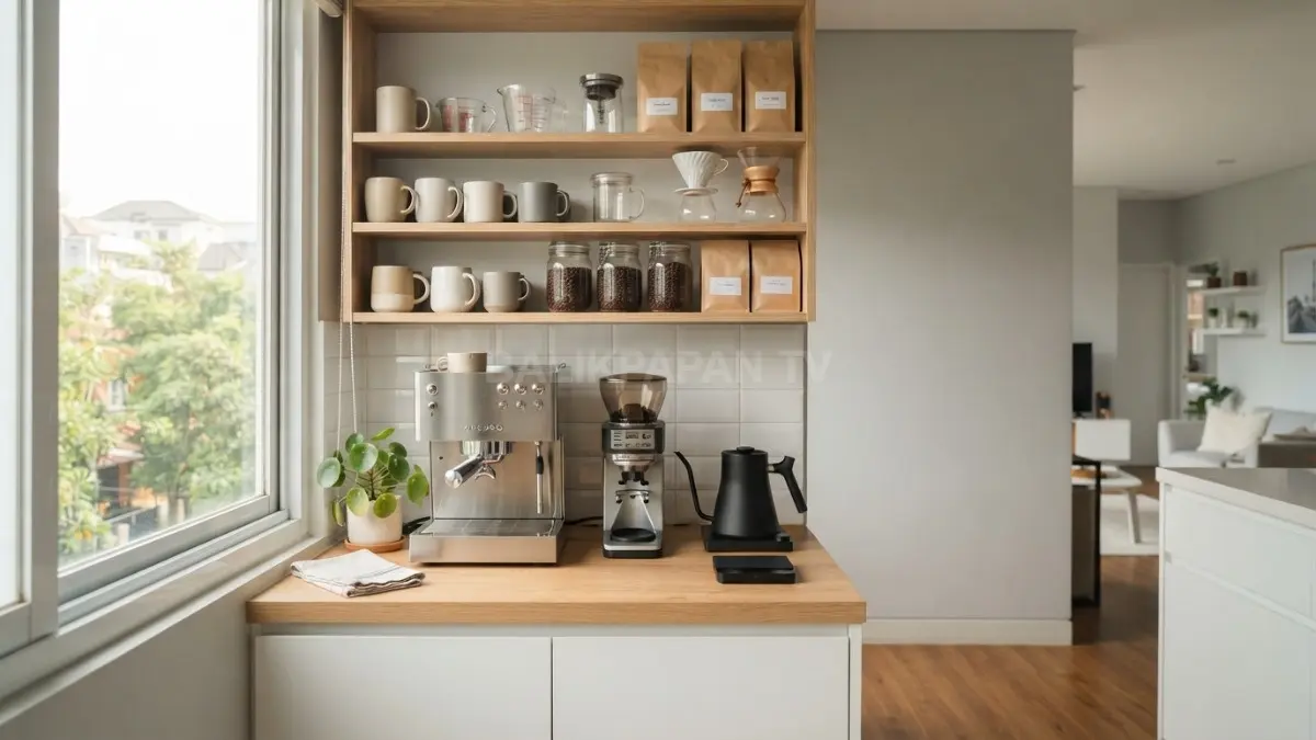 Dapur terasa lebih teratur dengan peralatan kopi yang tersusun rapi dan mudah dijangkau setiap hari bersama. (BTV/AI)