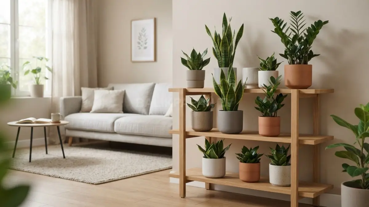 Deretan pot tanaman hias Sansevieria dan Zamioculcas tertata rapi di atas rak kayu ruang tamu minimalis modern. (BTV/Ai)