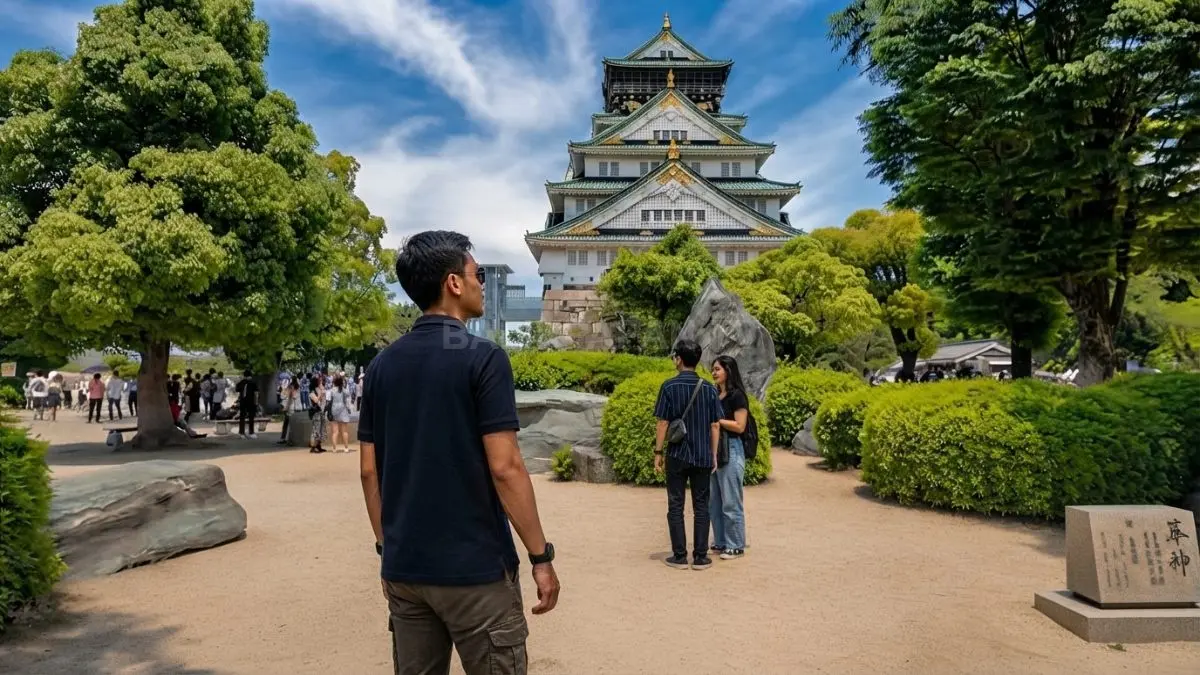 Di balik hiruk pikuk Osaka modern, Osaka Castle masih berdiri sebagai pengingat panjangnya sejarah Jepang. (BTV/AI)
