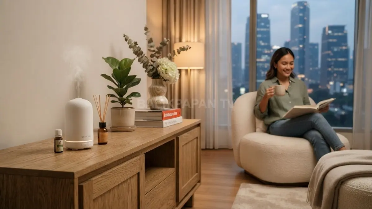 Diffuser aroma white tea dan dekorasi sederhana menciptakan suasana relaks seperti hotel premium. (BTV/AI)