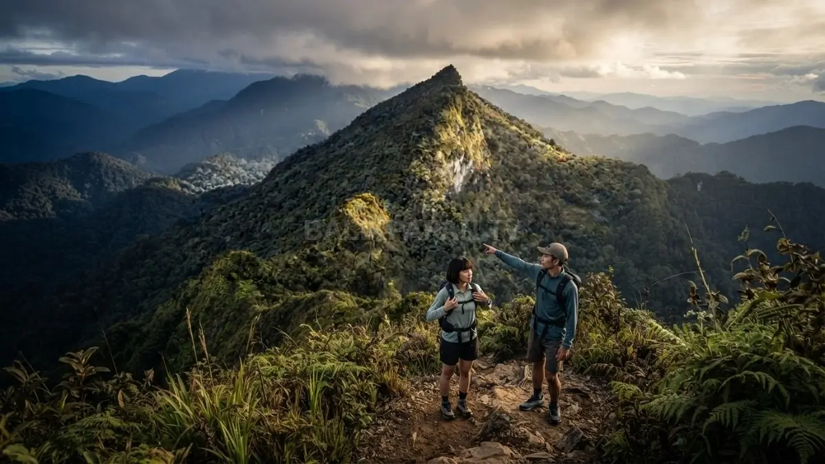 Dua orang menikmati keindahan panorama hijau di puncak Pegunungan Meratus yang begitu memukau. (BTV/Ai)
