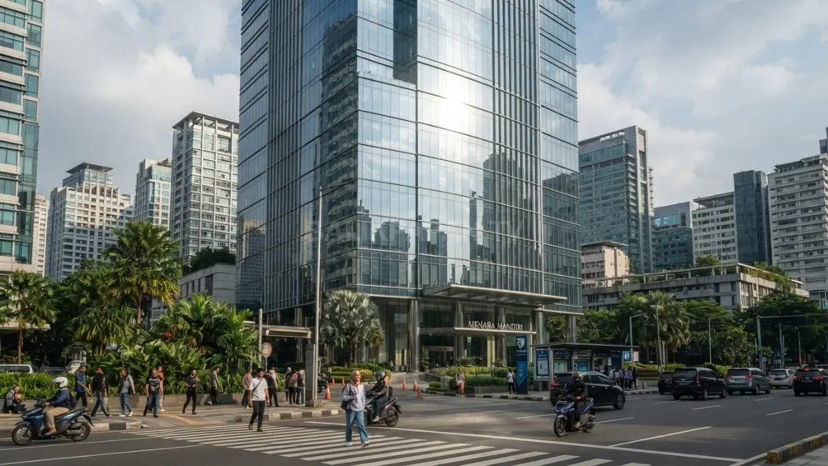 Fasad gedung kaca modern memantulkan sekaligus menyerap panas matahari di kota beriklim tropis seperti Indonesia. (BTV/AI)