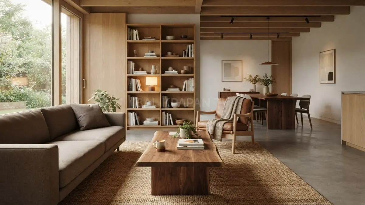 Furnitur kayu berpadu harmonis dengan interior modern menciptakan hunian hangat elegan fungsional bernuansa alami minimalis [BTV:AI]