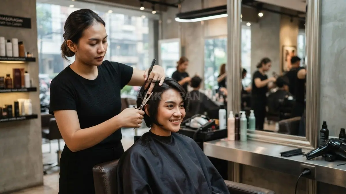 Hairstylist sedang menyesuaikan potongan rambut pendek sesuai bentuk wajah pelanggan di salon profesional. (BTV/AI)