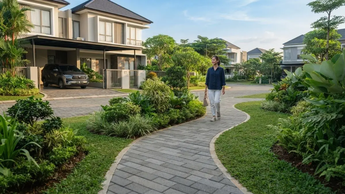Halaman depan rumah menggunakan paving block berpadu rumput hijau dan semak hias yang tertata rapi di sepanjang jalan setapak. (BTV/AI)