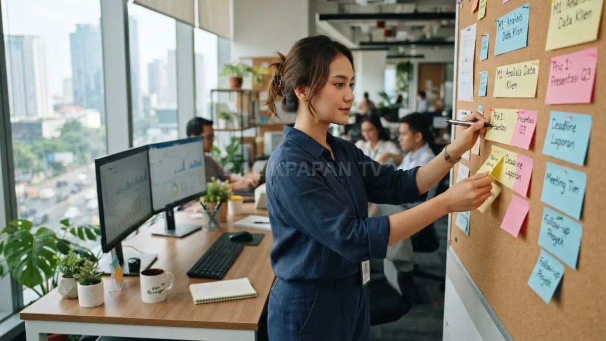 Ilustrasi pekerja menyusun prioritas tugas harian untuk mengurangi stres dan meningkatkan produktivitas secara lebih terarah (BTV/AI)