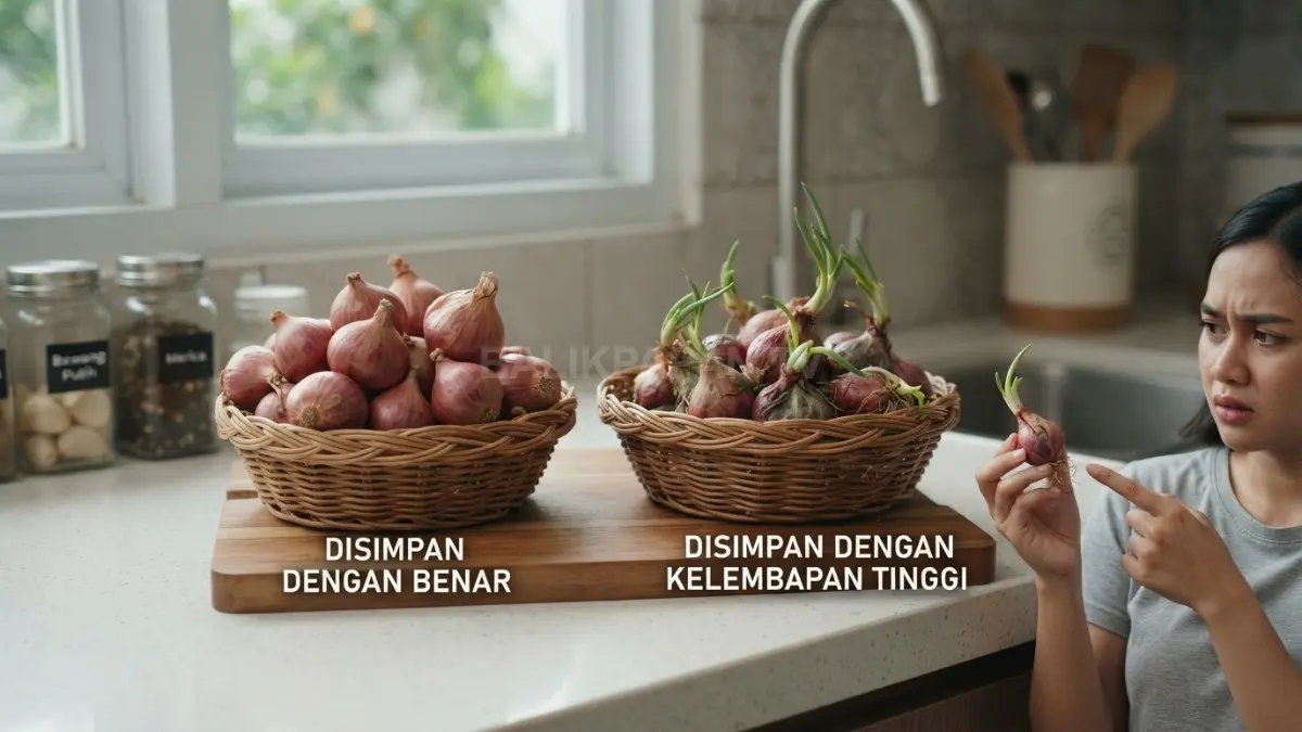 Ilustrasi perbandingan bawang yang disimpan dengan benar dan bawang yang mulai bertunas akibat kelembapan tinggi. (BTV/AI)