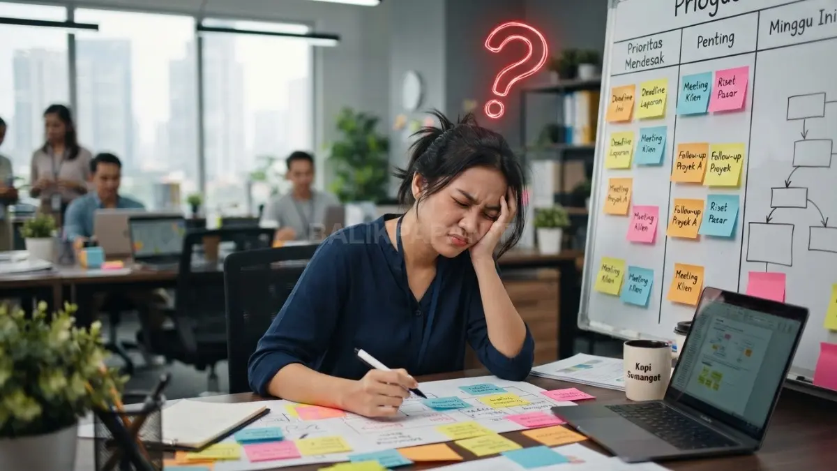 Ilustrasi tekanan kerja menumpuk menunjukkan tantangan membedakan tugas mendesak dan prioritas sebenarnya secara objektif (BTV/AI)