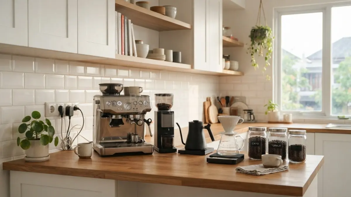 Inspirasi menata peralatan kopi membantu menghadirkan sudut dapur yang fungsional, bersih, dan nyaman digunakan bersama. (BTV/AI)
