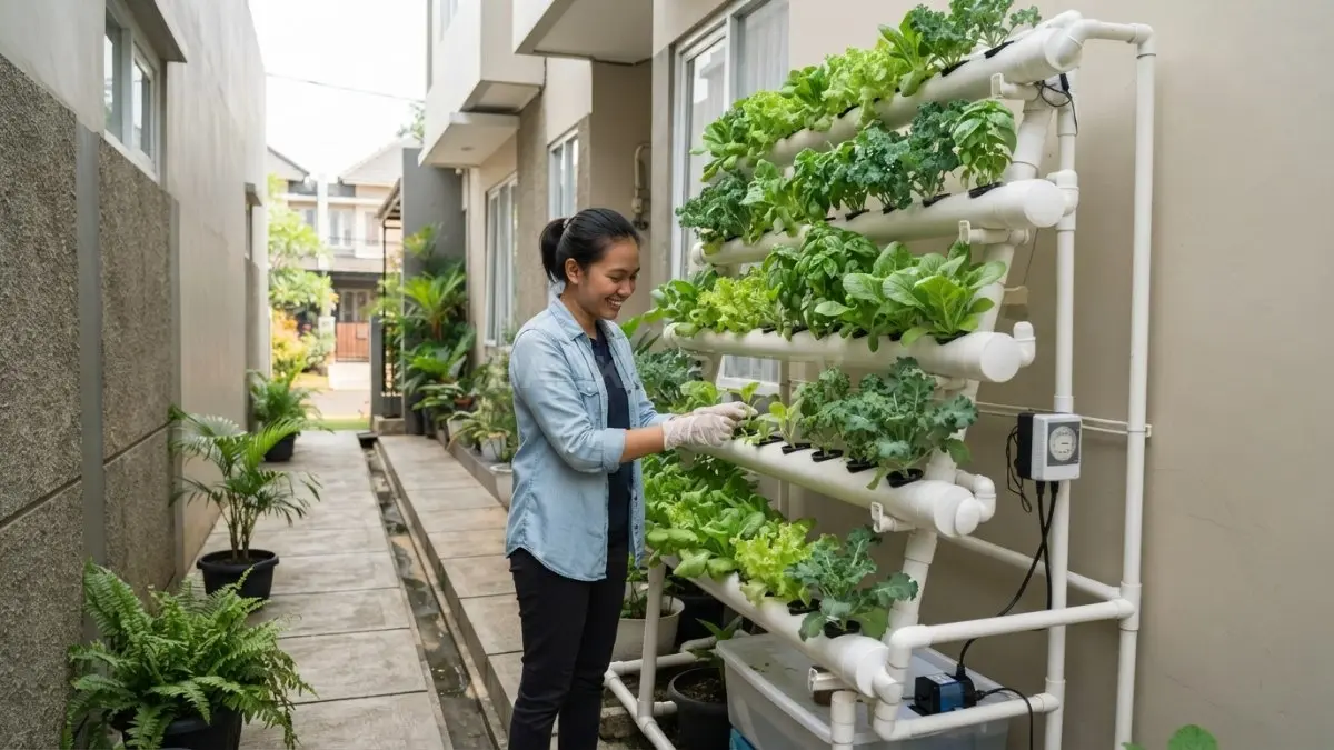 Instalasi pipa hidroponik vertikal memanfaatkan area sempit di samping rumah modern. (BTV/AI)