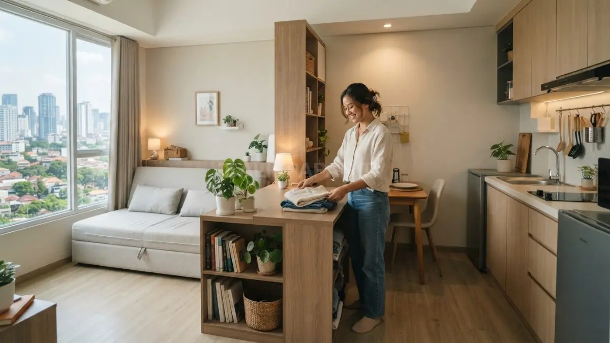 Interior rumah susun minimalis memanfaatkan furnitur multifungsi dan pencahayaan alami agar ruangan terasa luas nyaman (BTV/AI)
