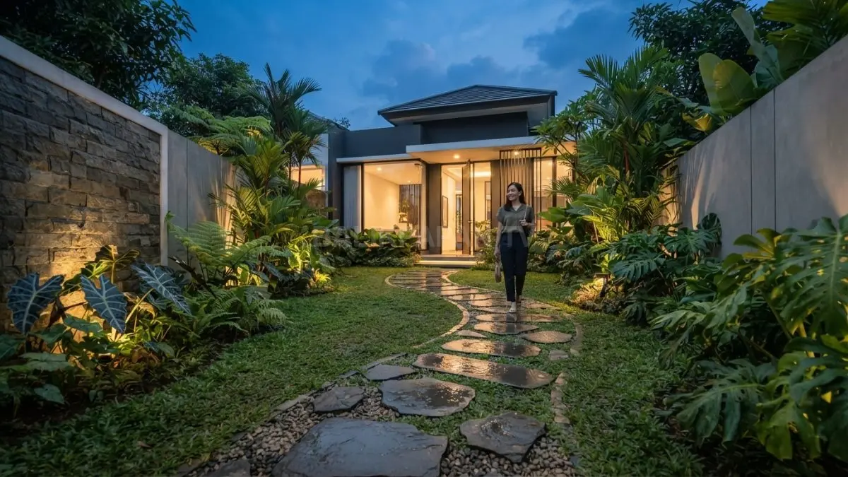Jalan setapak dari batu alam membelah taman hijau di halaman rumah minimalis dengan tanaman hias dan pencahayaan taman yang hangat. (BTV/AI)