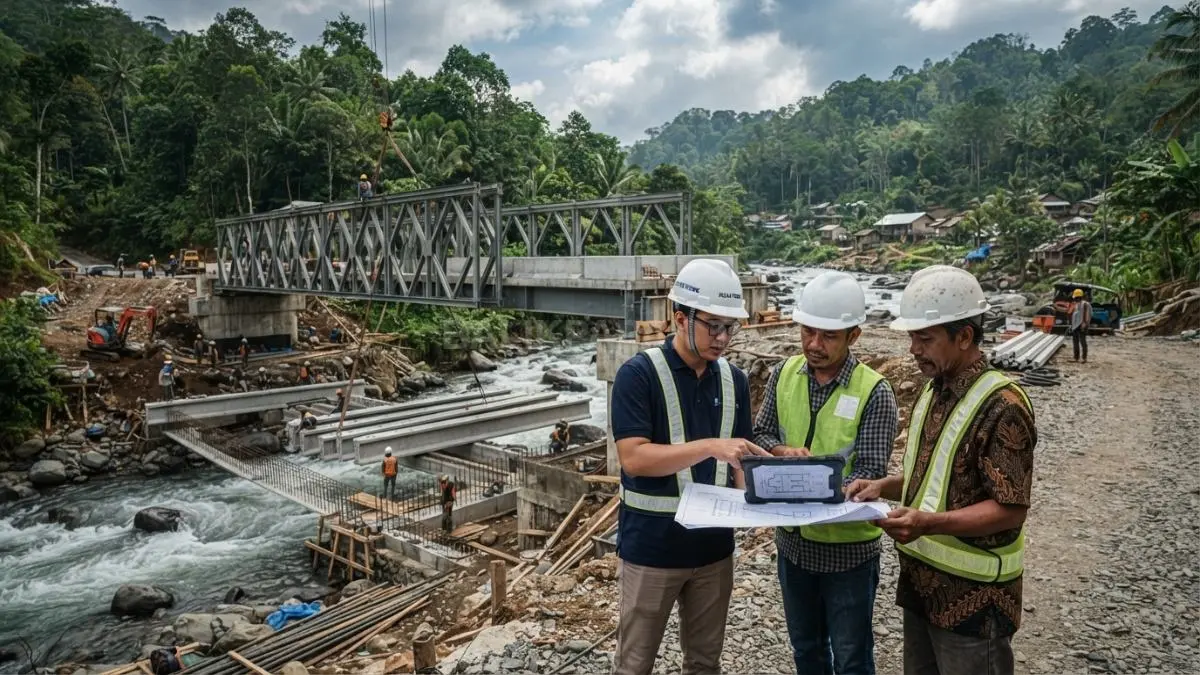 Jembatan desa terpencil dirancang kokoh menggunakan fondasi kuat, struktur aman, dan konstruksi efisien berkelanjutan (BTV/AI)
