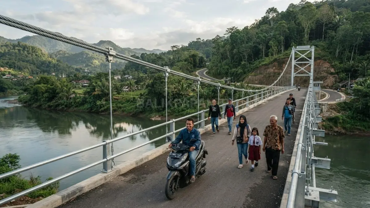 Jembatan gantung baja menghubungkan desa terpencil dengan konstruksi kokoh, aman, efisien, melintasi sungai lebar berkekuatan (BTV/AI)
