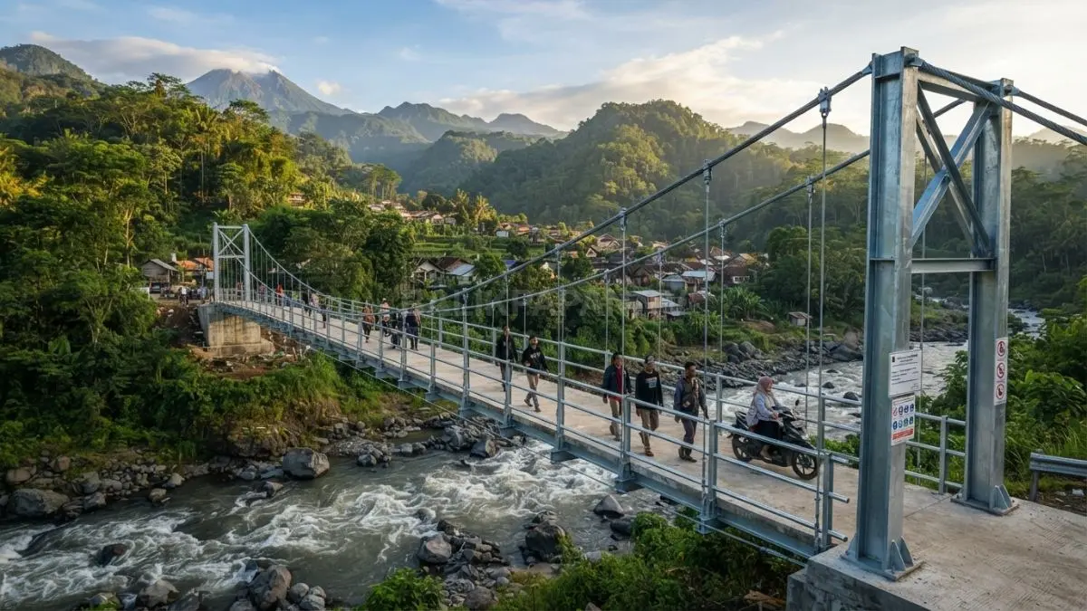 Jembatan gantung baja menghubungkan desa terpencil dengan konstruksi kokoh, aman, efisien, menahan beban berat optimal (BTV/AI)
