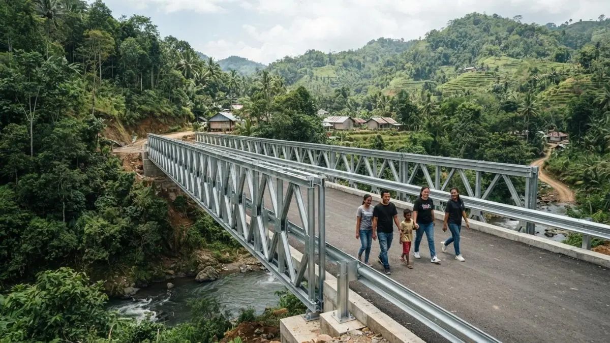 Jembatan rangka baja modular menghadirkan konstruksi kokoh, pemasangan cepat, dan efisiensi pembangunan desa terpencil berkelanjutan (BTV/AI)
