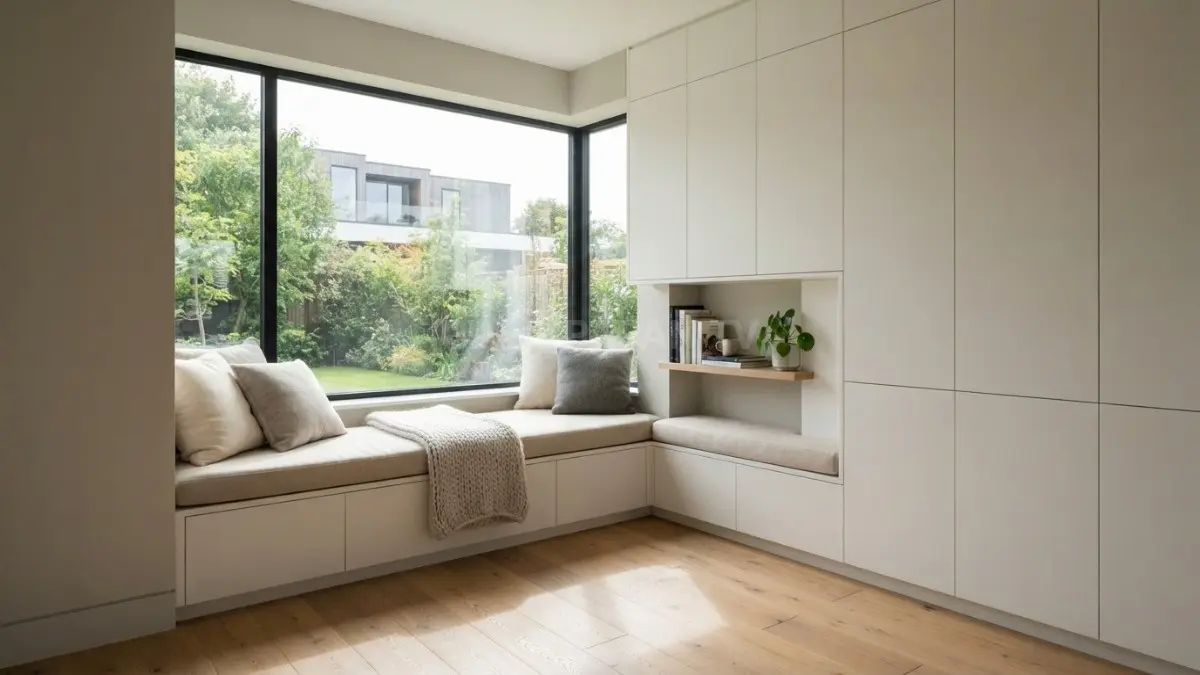 Kabinet pintu sentuh hidrolik menciptakan kesan rapi dan tenang pada ruangan minimalis modern Anda. (BTV/Ai)