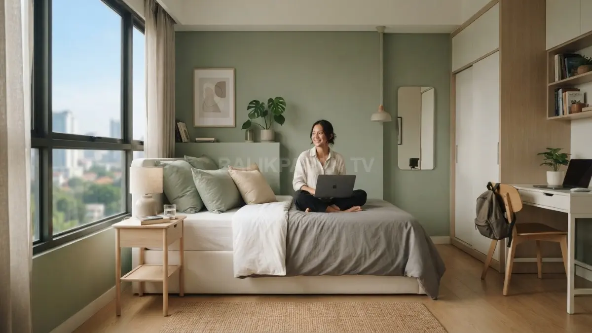 Kamar kecil minimalis menggunakan warna sage green dan pencahayaan alami untuk menciptakan kesan lapang. (BTV/AI)