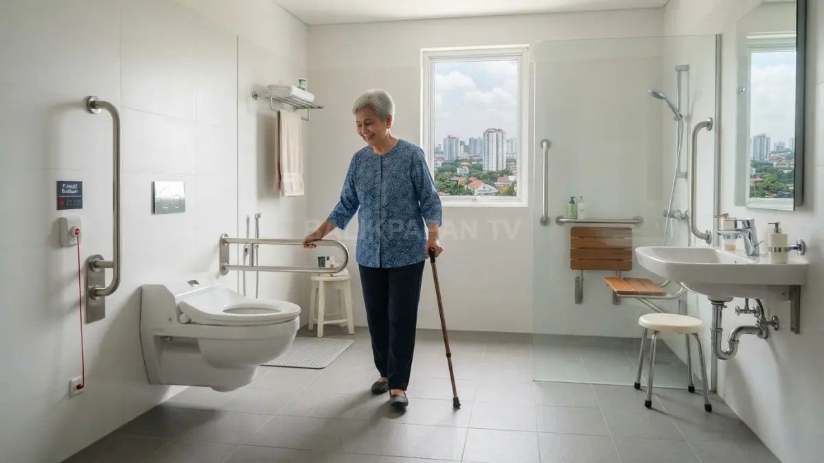 Kamar mandi ramah lansia dilengkapi lantai antiselip, grab bar, pencahayaan merata, dan ruang gerak luas. (BTV/AI)