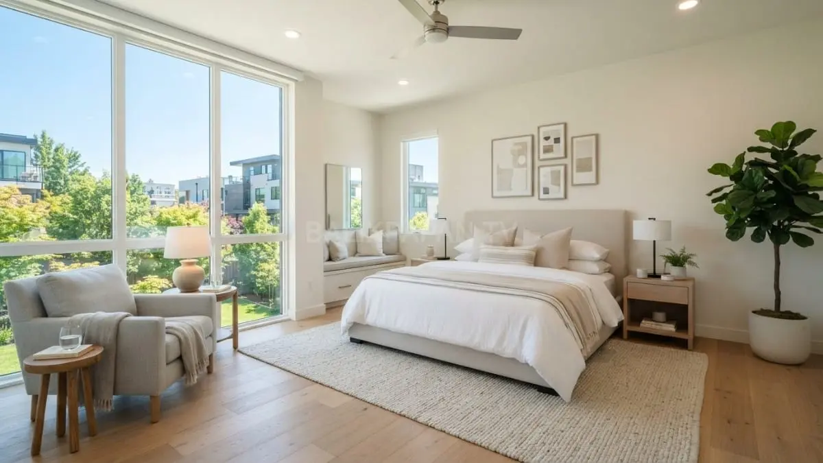 Kamar tidur bernuansa cerah dengan warna netral menciptakan kesan luas nyaman sepanjang hari alami maksimal [BTV:AI]