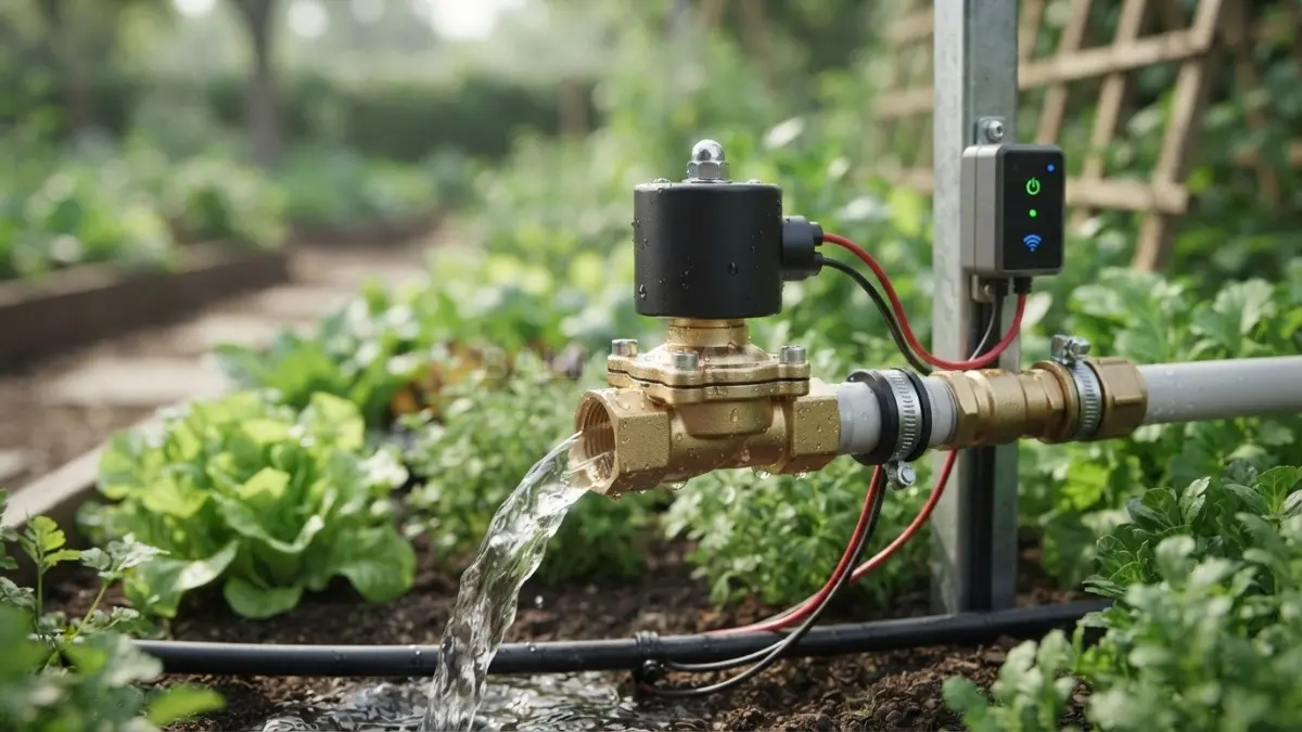 Katup solenoid 12 Volt otomatis yang mengalirkan air instan secara aman melalui kendali aplikasi gawai. (BTV/Ai)