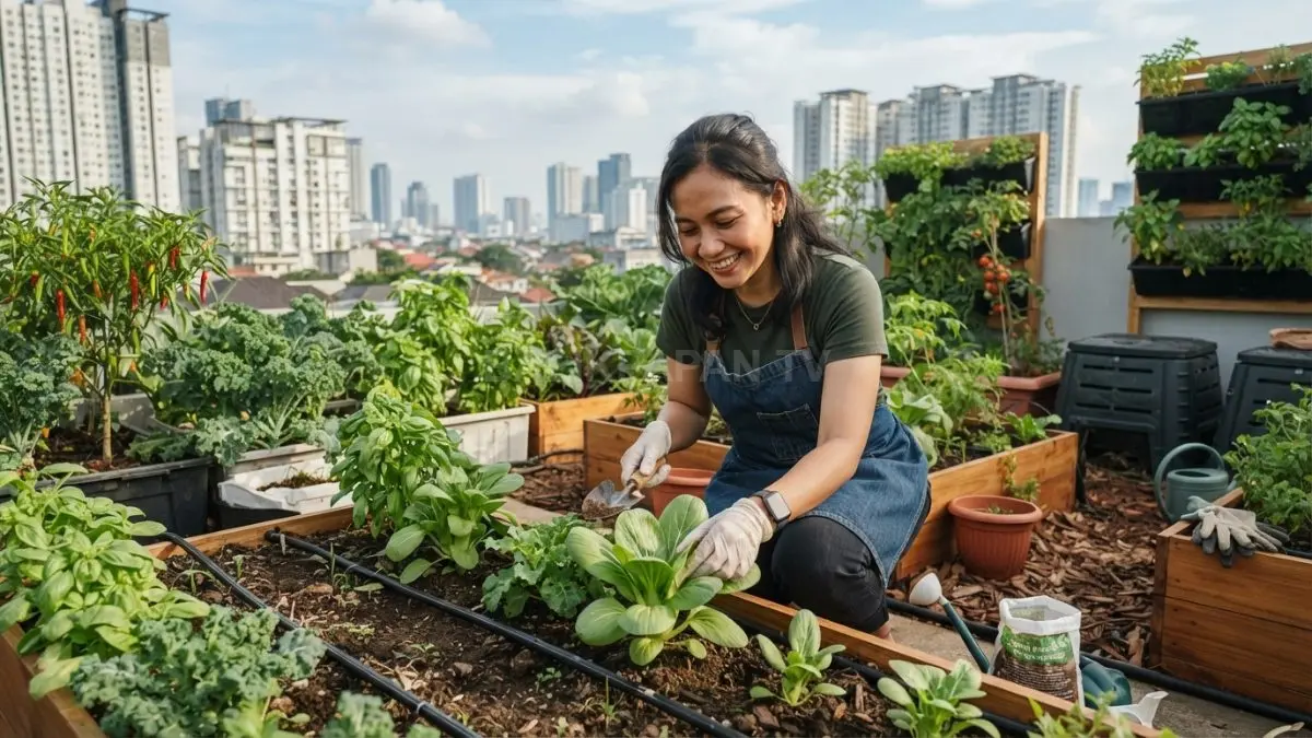 Kebun sayuran rooftop membutuhkan perawatan rutin, irigasi tepat, dan nutrisi agar panen tetap produktif berkelanjutan (BTV/AI)
