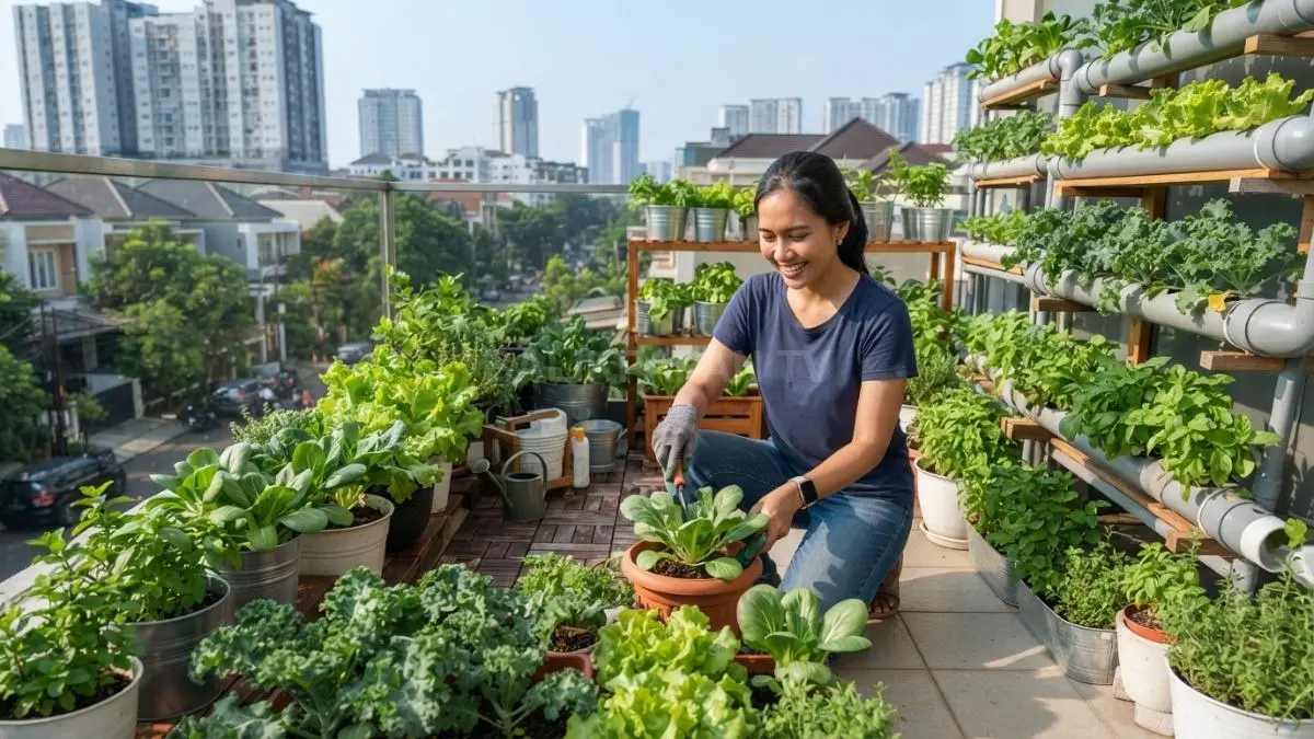Kebun urban farming di teras rumah dengan aneka sayuran hijau dalam pot dan rak vertikal yang tertata rapi. (BTV/AI)