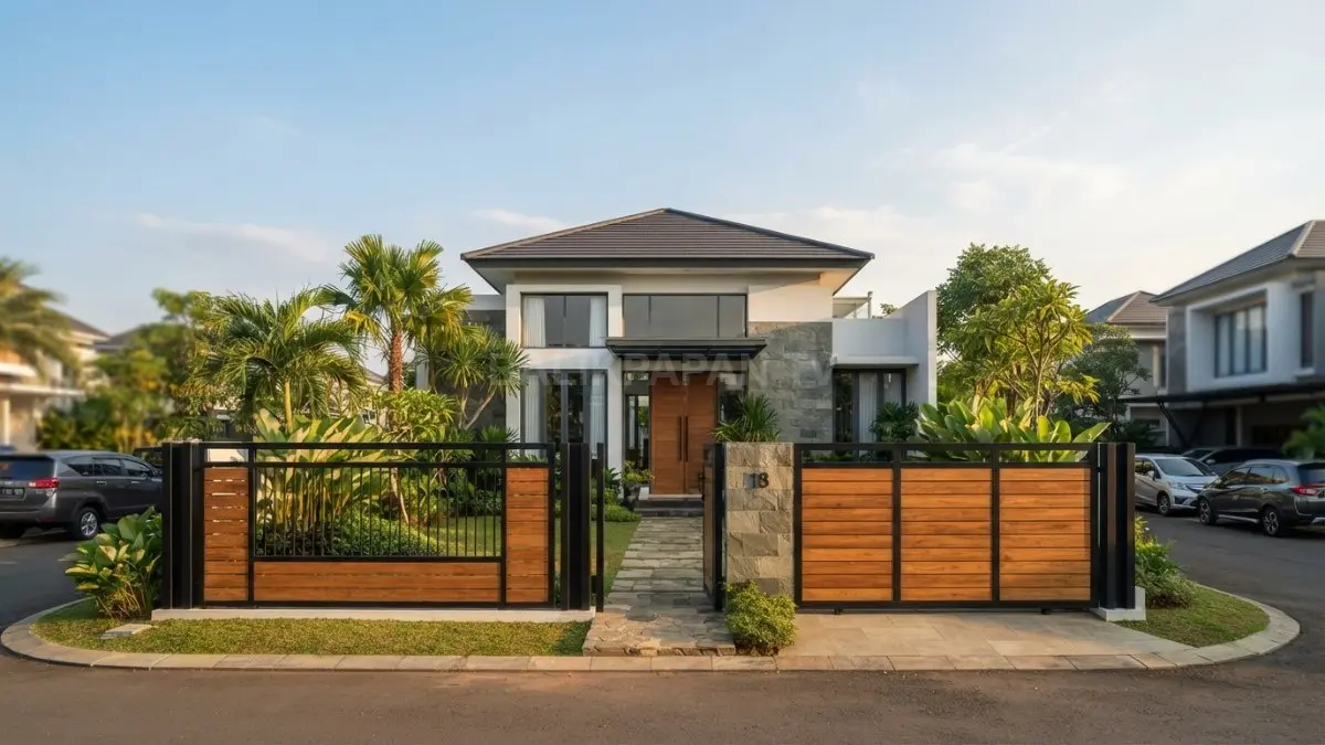Kombinasi besi dan kayu menciptakan desain pagar modern dengan tampilan alami serta tahan lama bersama keluarga. (BTV/AI)