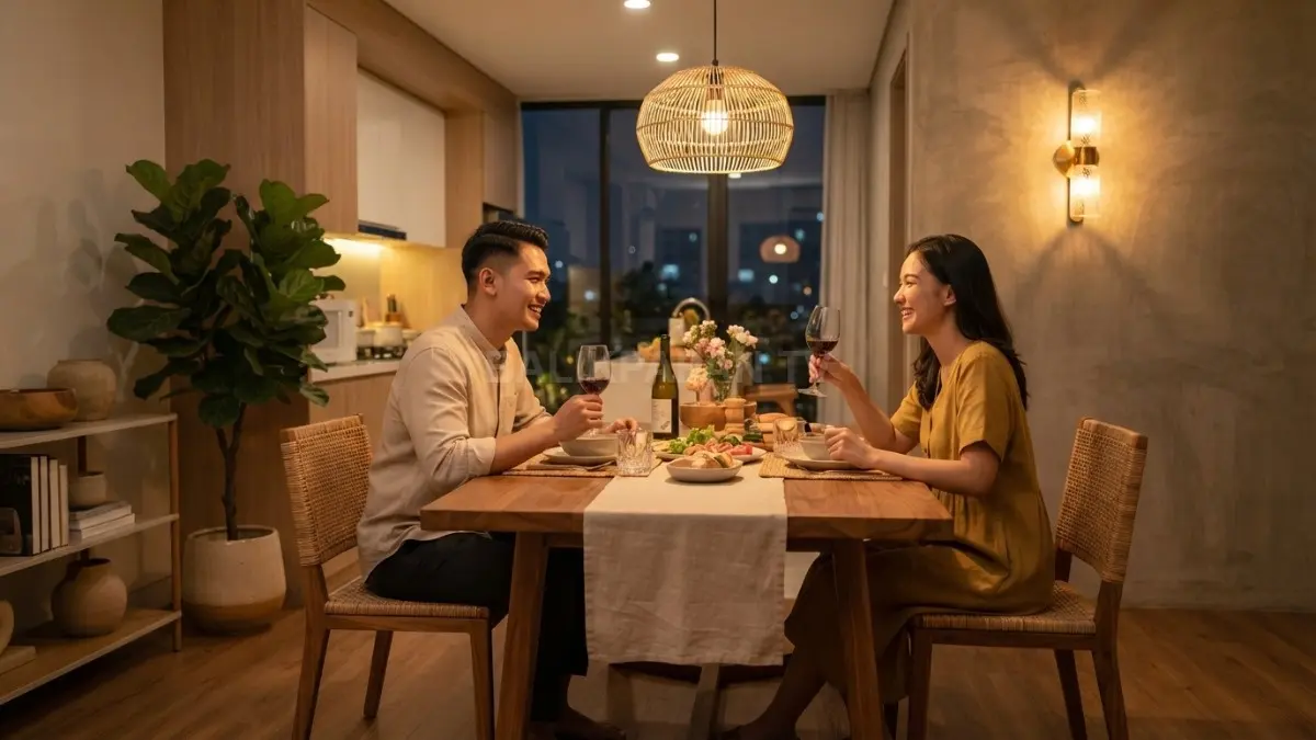 Lampu ambient berpadu material alami menciptakan ruang makan minimalis hangat, nyaman, dan estetis untuk keluarga (BTV/AI)
