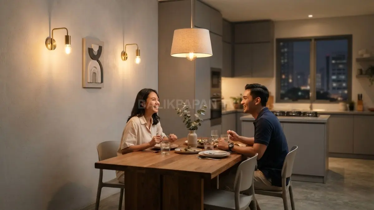 Lampu ambient menghadirkan ruang makan minimalis hangat, nyaman, seimbang, dan harmonis untuk berkumpul bersama keluarga (BTV/AI)
