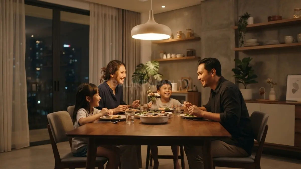 Lampu ambient warm white menghadirkan ruang makan minimalis hangat, nyaman, estetis, dan fungsional bagi keluarga (BTV/AI)
