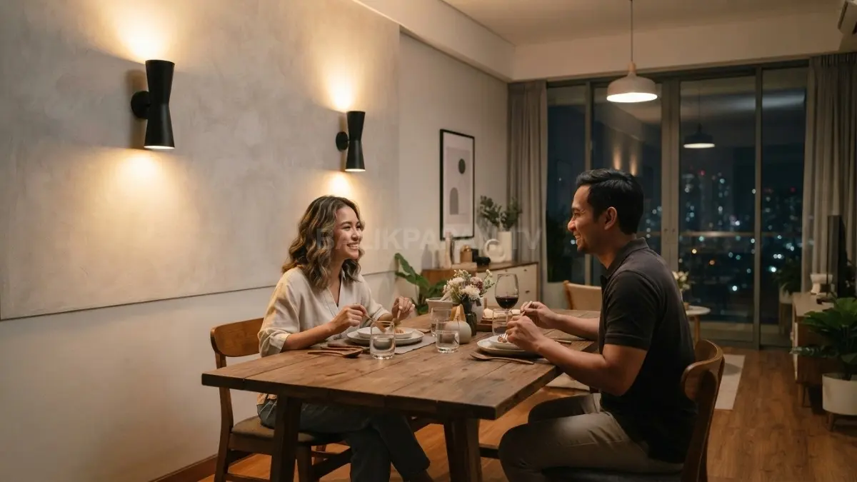Lampu dinding ambient menghadirkan ruang makan minimalis terasa hangat, nyaman, luas, dan elegan setiap hari (BTV/AI)
